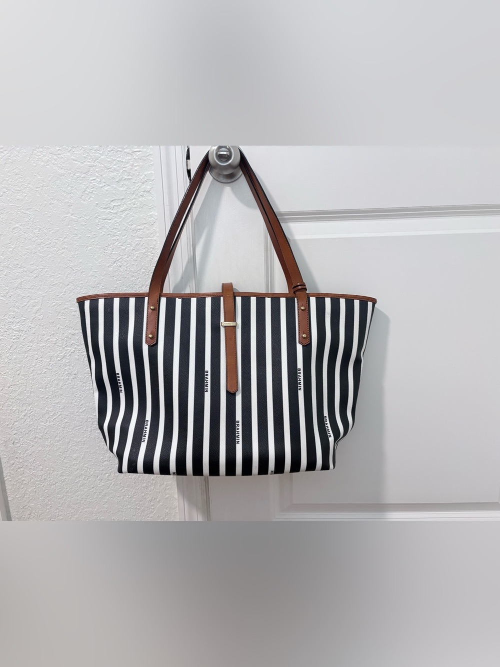 VINTAGE Brahmin Black & White Vertical Stripe Tote with Brown Leather Trim